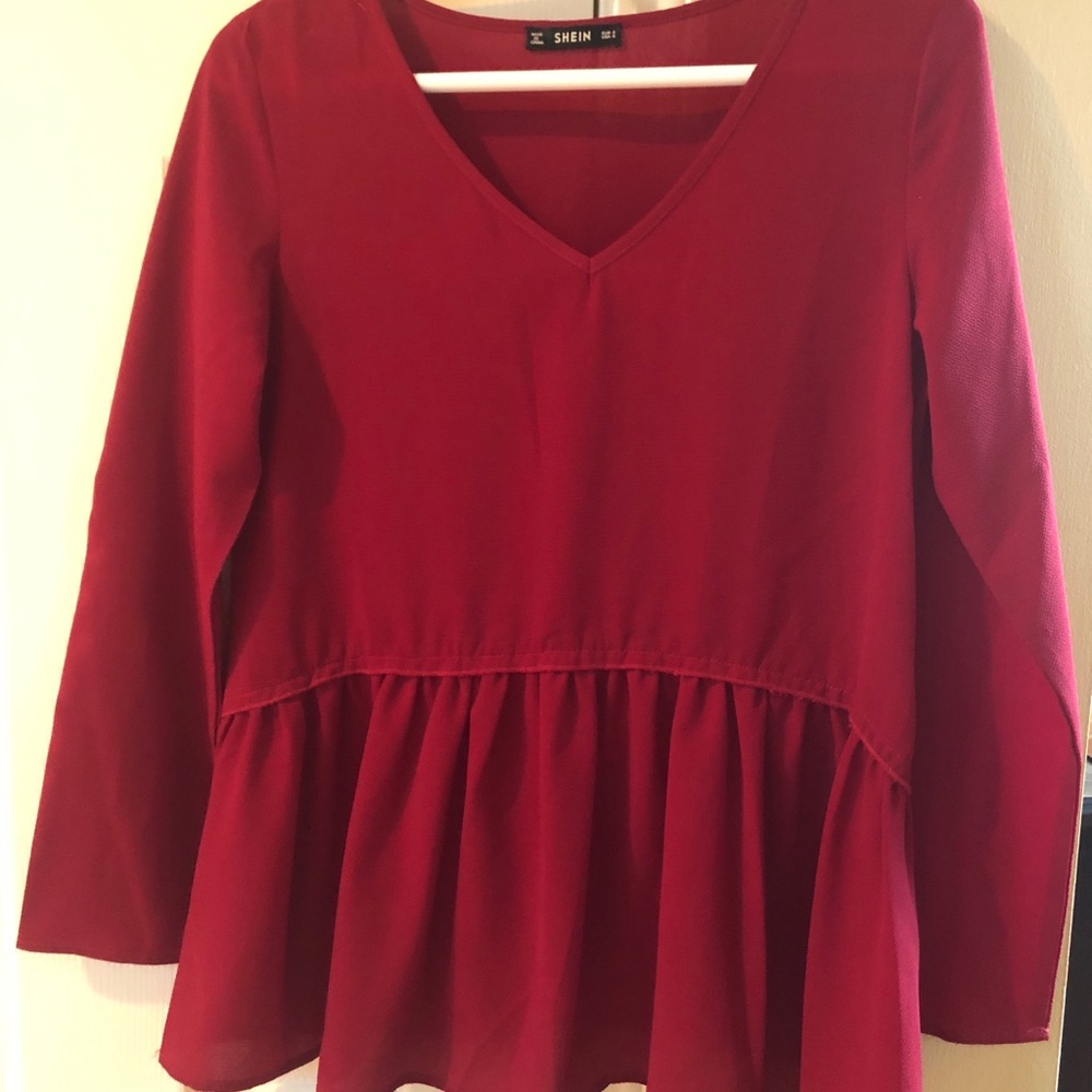 SHEIN burgundy v-neck blouse with ruffle waistline